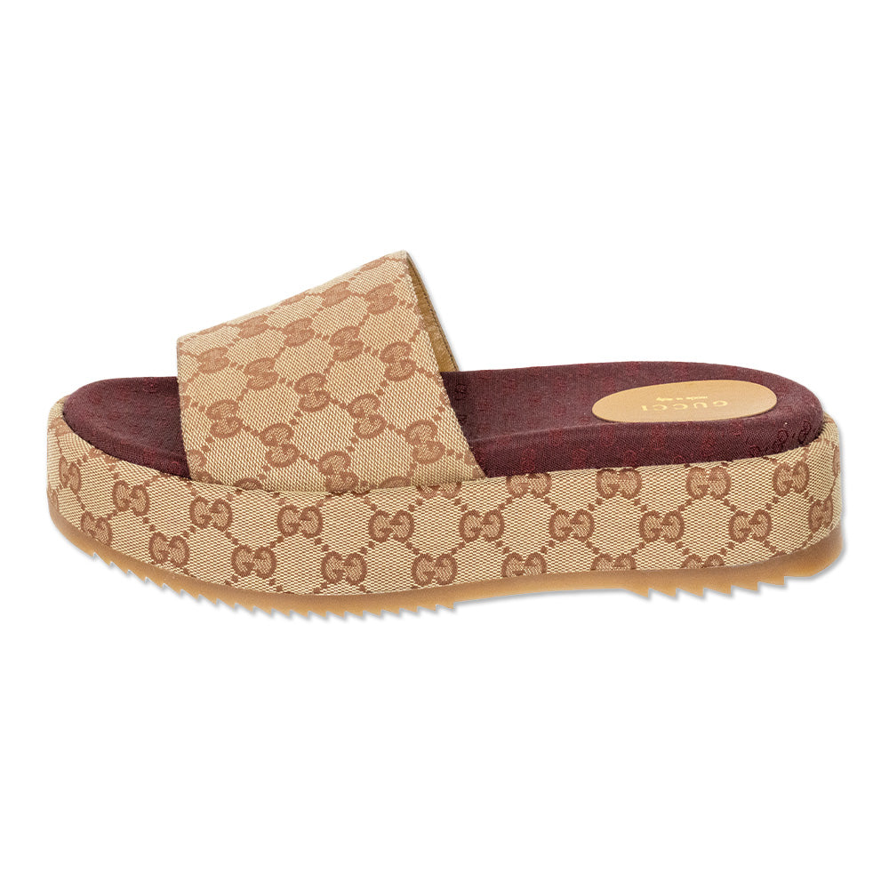 Gucci Dark Red/Beige Canvas GG Monogram Angelina Platform Slide Sandals