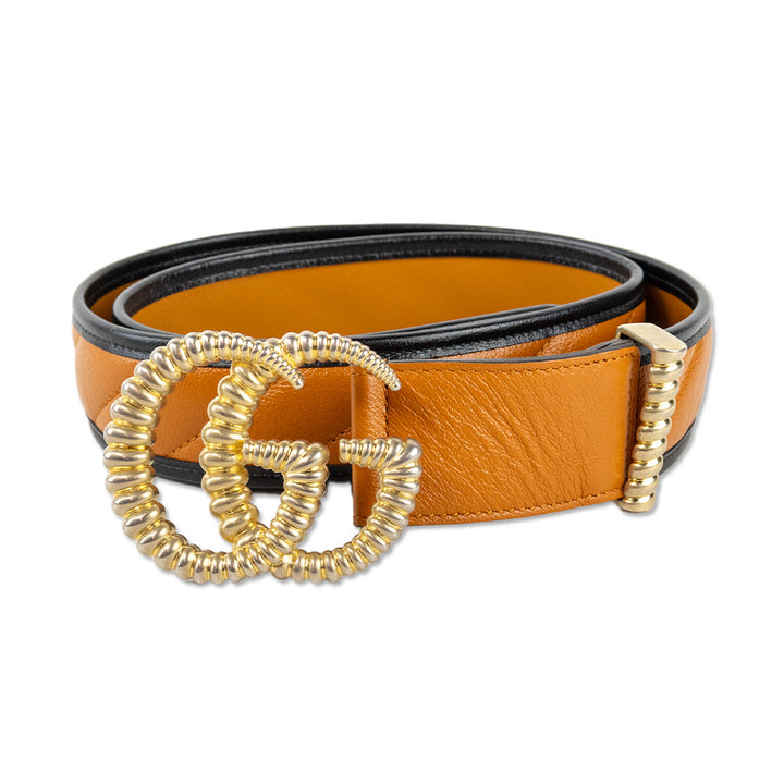 Gucci Double G Logo Brown Leather Quilted Belt