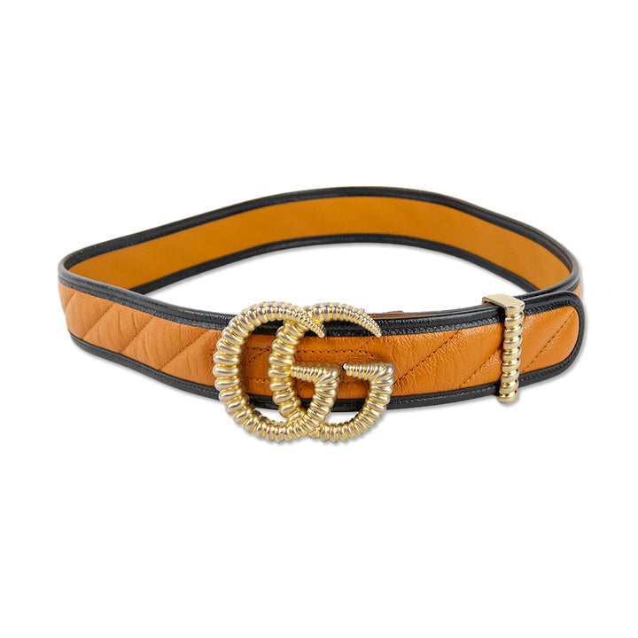 Gucci Double G Logo Brown Leather Quilted Belt