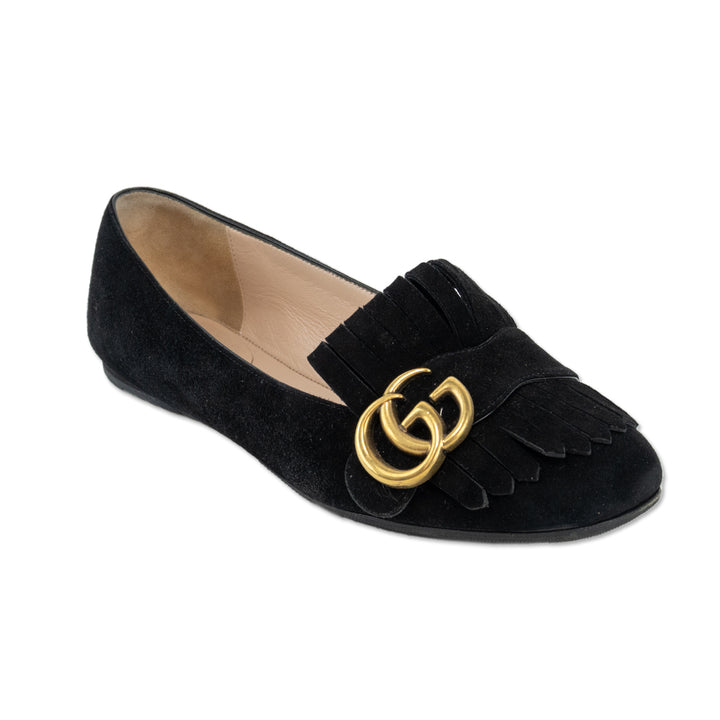 Gucci Kid Scamosciato GG Marmont Black Suede Fringe Loafers