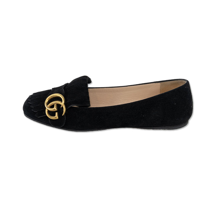 Gucci Kid Scamosciato GG Marmont Black Suede Fringe Loafers