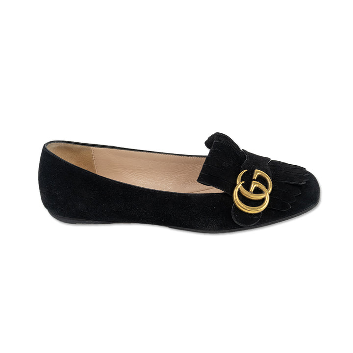 Gucci Kid Scamosciato GG Marmont Black Suede Fringe Loafers