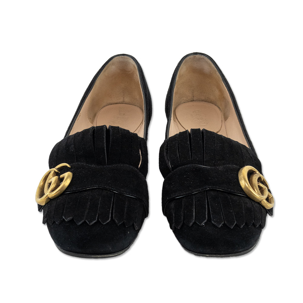 Gucci Kid Scamosciato GG Marmont Black Suede Fringe Loafers