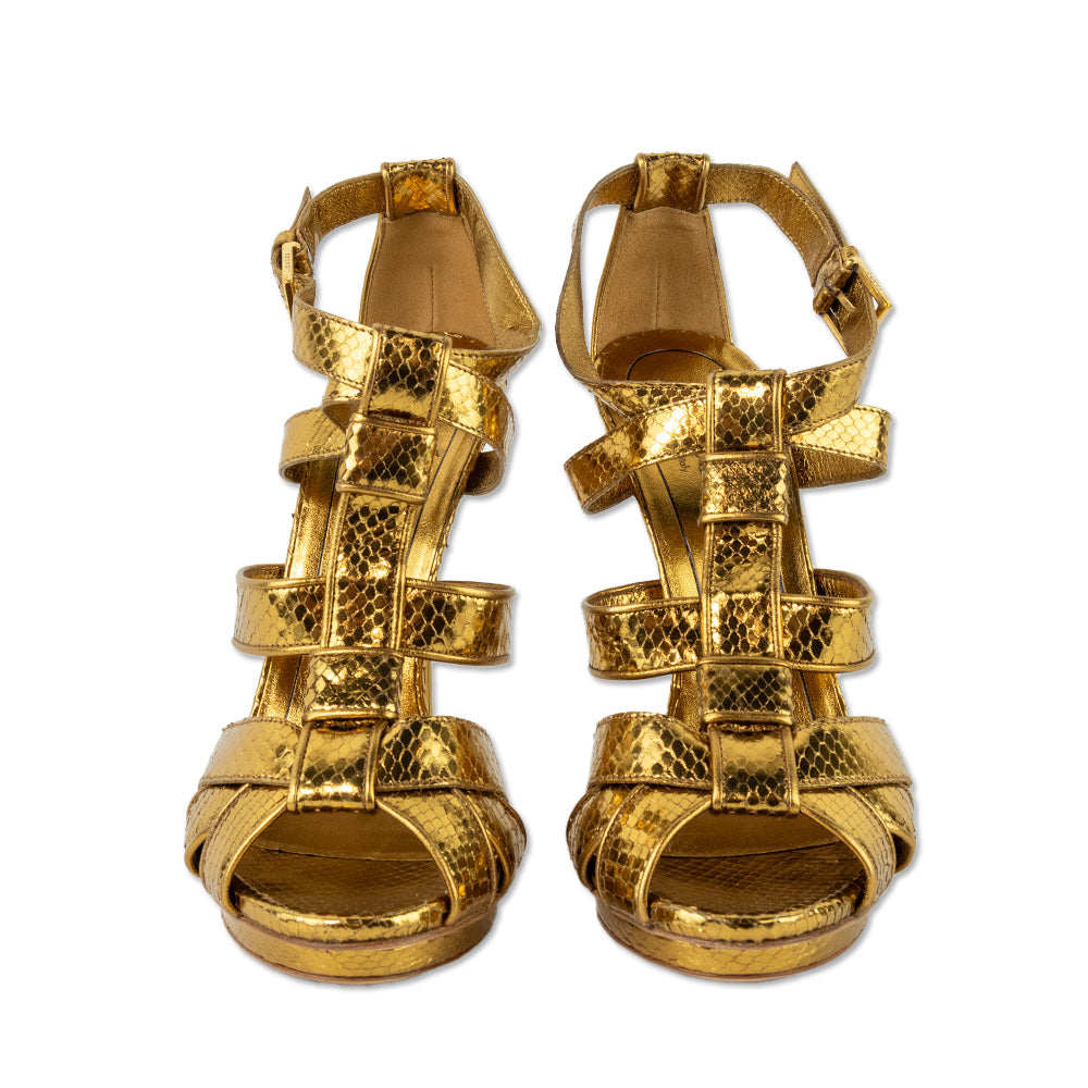 Gucci Metallic Gold Snake-Embossed Malika Sandals