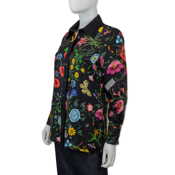 Gucci Multicolor Flora Print Black Silk Button Down