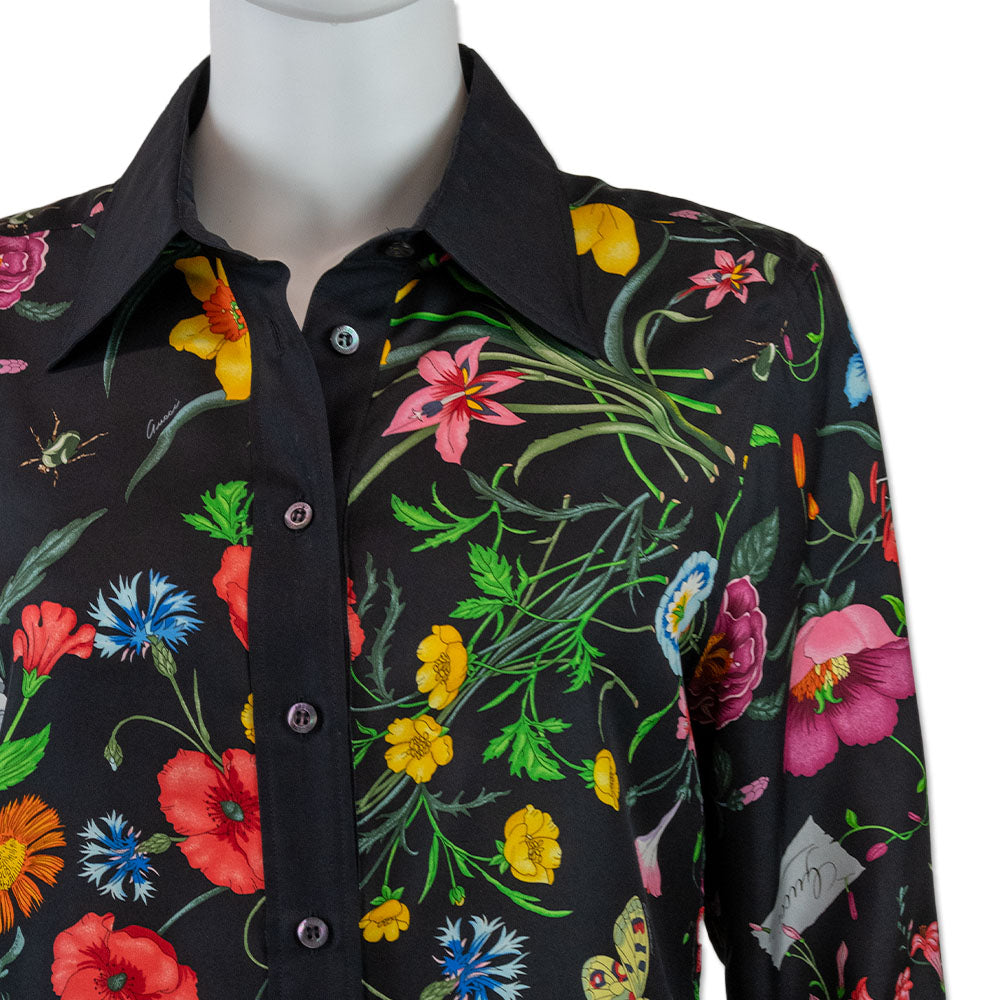 Gucci Multicolor Flora Print Black Silk Button Down