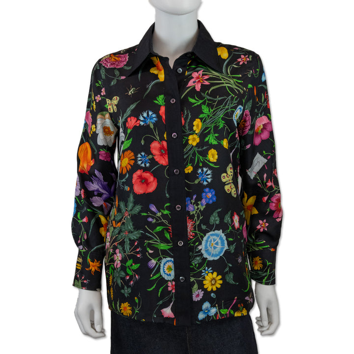 Gucci Multicolor Flora Print Black Silk Button Down