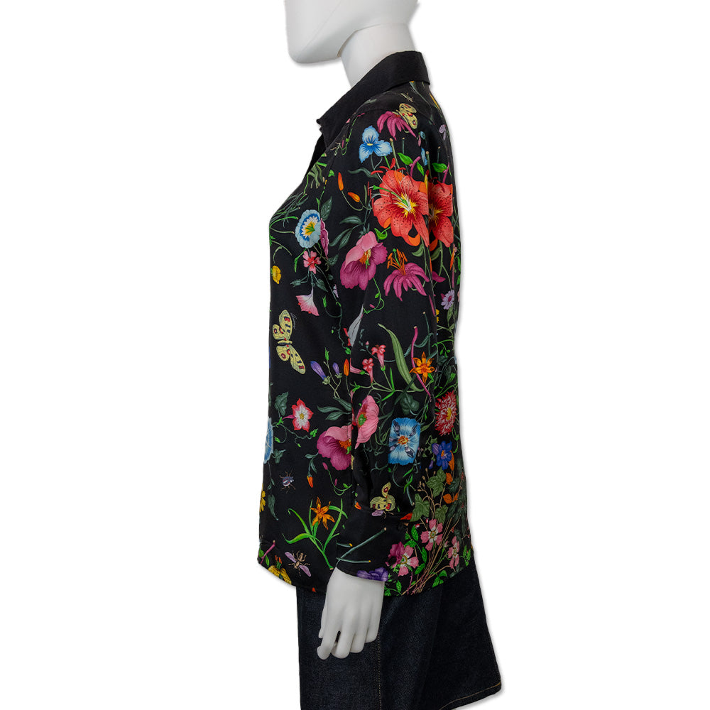 Gucci Multicolor Flora Print Black Silk Button Down