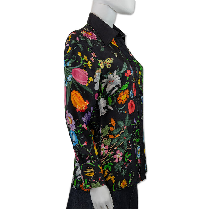 Gucci Multicolor Flora Print Black Silk Button Down