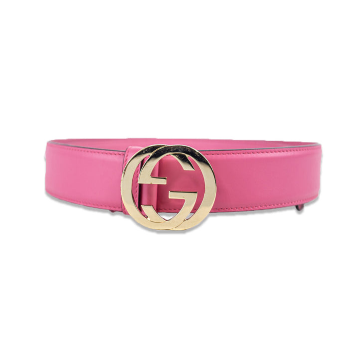 Gucci Pink Leather Gold Interlocking GG Buckle Belt