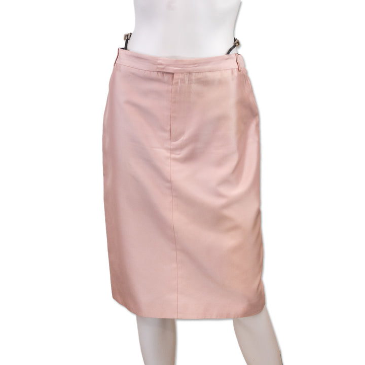 Gucci Pink Silk Leather Thong Accent Midi Skirt