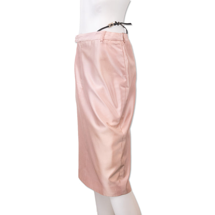 Gucci Pink Silk Leather Thong Accent Midi Skirt