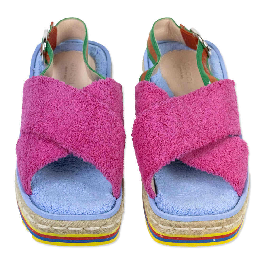 Gucci Pink/Blue Terry Cloth Web Platform Espadrille Slingback Sandals