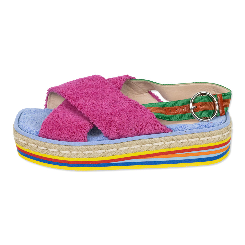 Gucci Pink/Blue Terry Cloth Web Platform Espadrille Slingback Sandals