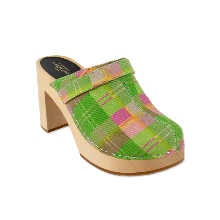 Hasbeens Green Plaid Wooden Clogs