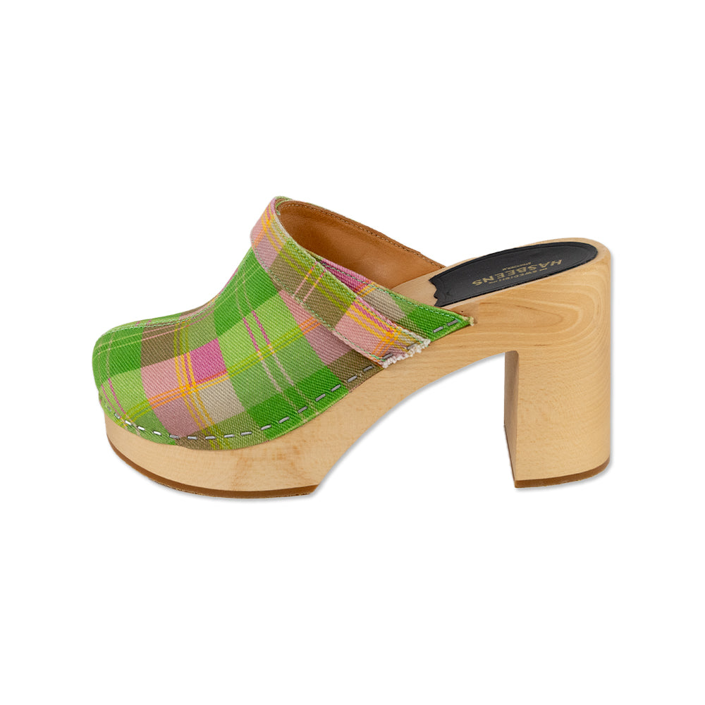 Hasbeens Green Plaid Wooden Clogs