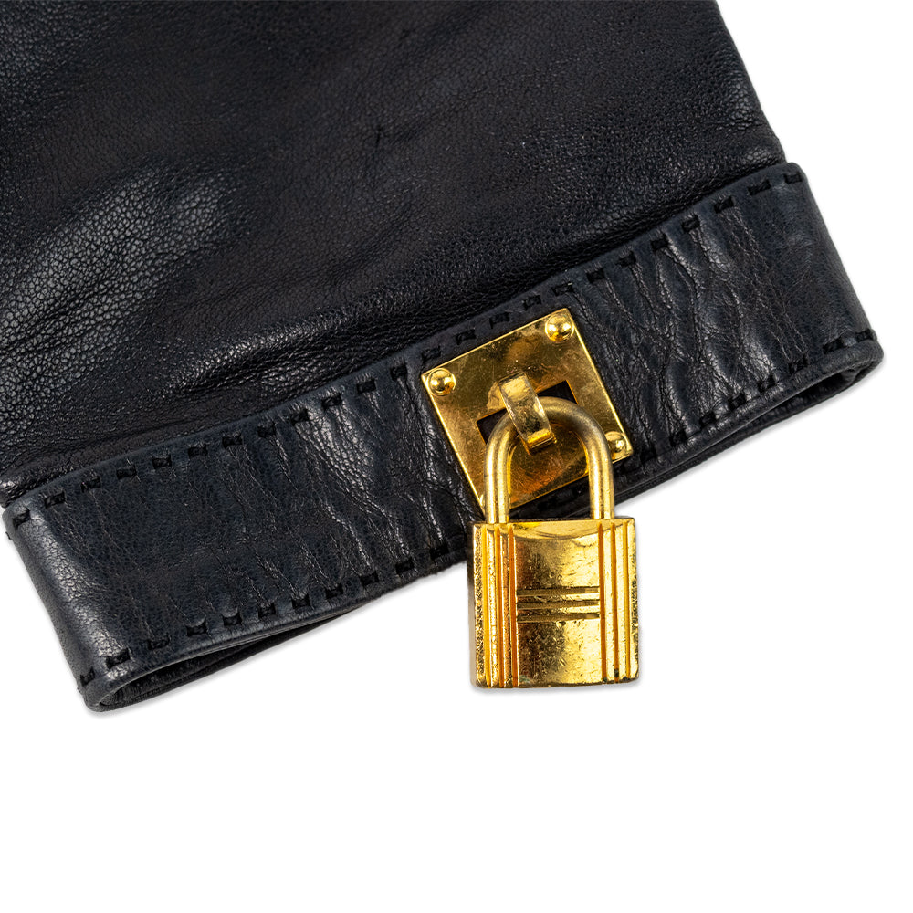 Hermes Black Leather Kelly Lock Gloves