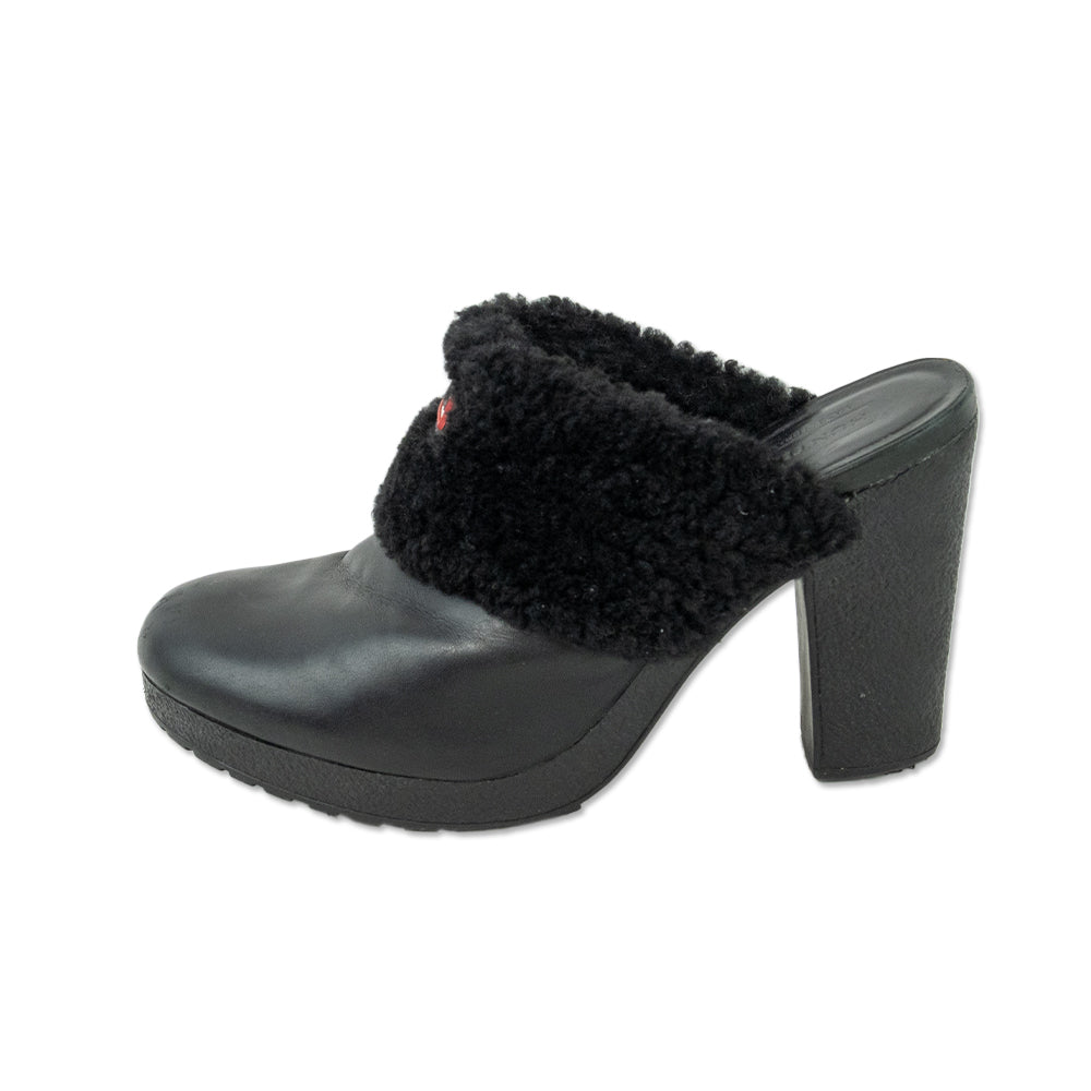 Hunter Bruson Black Leather Fur Trim Heeled Mules