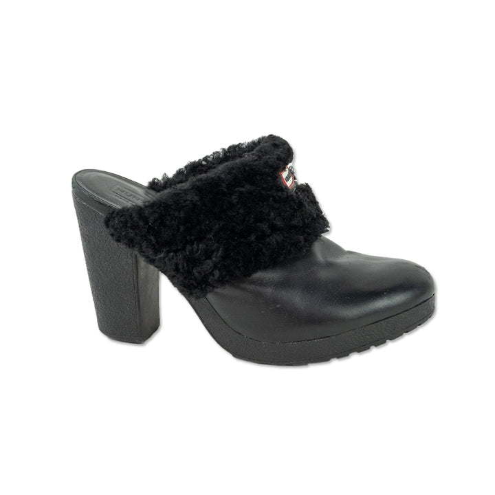 Hunter Bruson Black Leather Fur Trim Heeled Mules