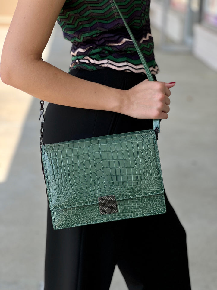 Bottega Veneta Green Crocodile Flap Top Accordion Bag