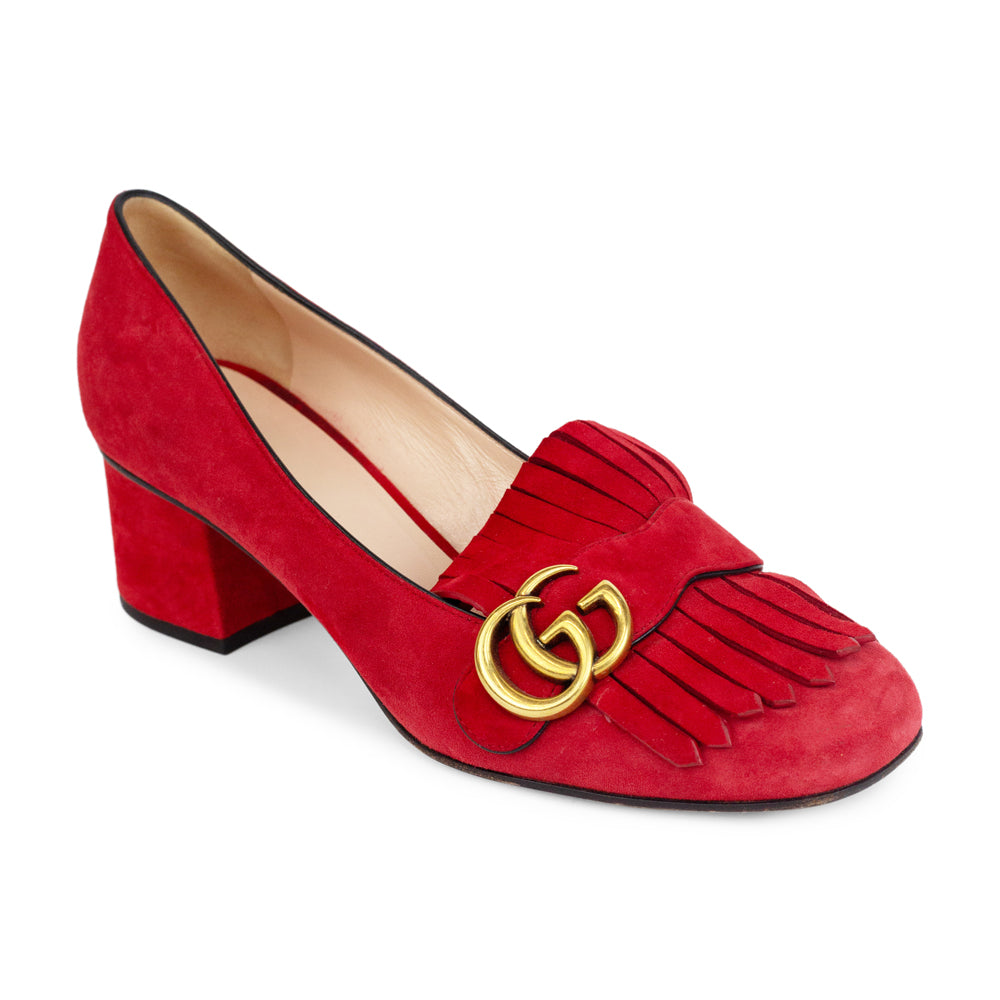 Gucci Red Suede Marmont Fringe Pumps