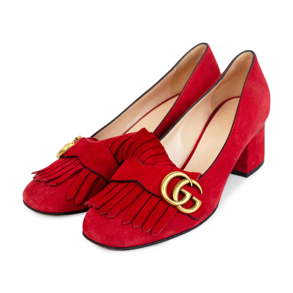 Gucci Red Suede Marmont Fringe Pumps