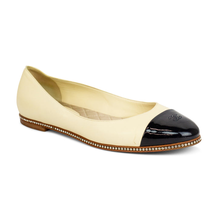 Chanel Leather Cap Toe Crystal Ballet Flats