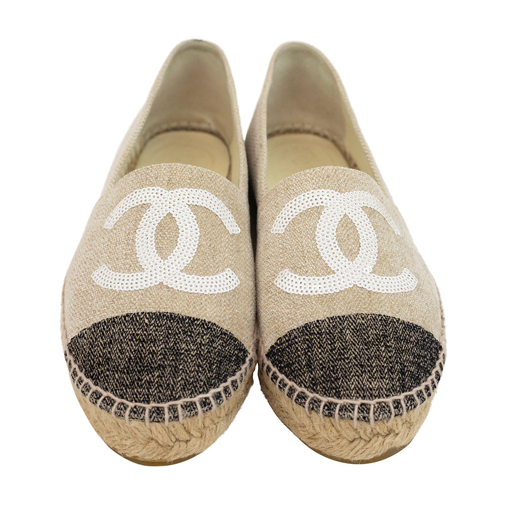 Chanel Beige & Black Sequin Espadrille Flats