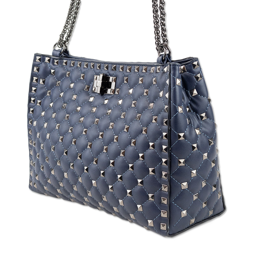 Inzi Navy Pleated Leather Shoulder Bag with Gunmetal Studs