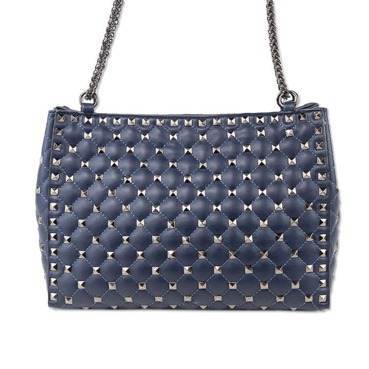 Inzi Navy Pleated Leather Shoulder Bag with Gunmetal Studs