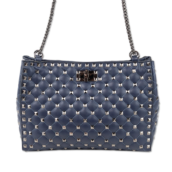 Inzi Navy Pleated Leather Shoulder Bag with Gunmetal Studs