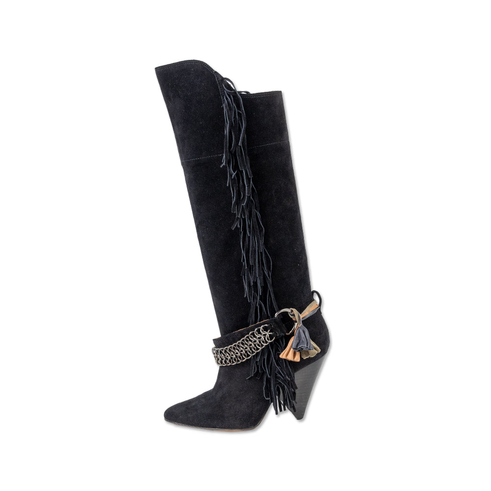 Isabel Marant Black Suede Fringe Calf Western Boots