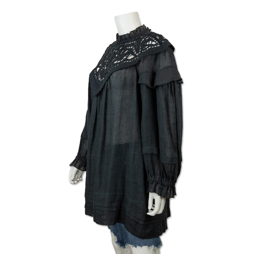 Isabel Marant Black Tunic Top with Cut Out Ruffled Neckline