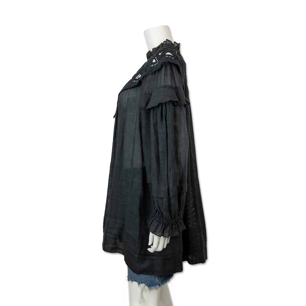 Isabel Marant Black Tunic Top with Cut Out Ruffled Neckline