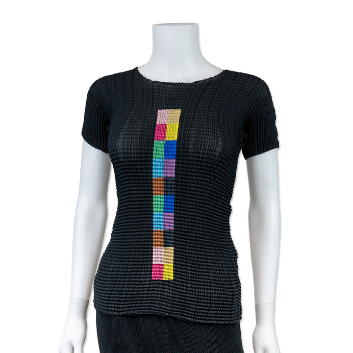 Issey Miyake Black Crimped Pleat Top with Rainbow Check Pattern