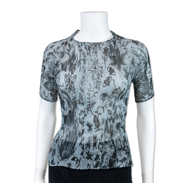 Issey Miyake Blue Pleated Short Sleeve Top with Floral Pattern