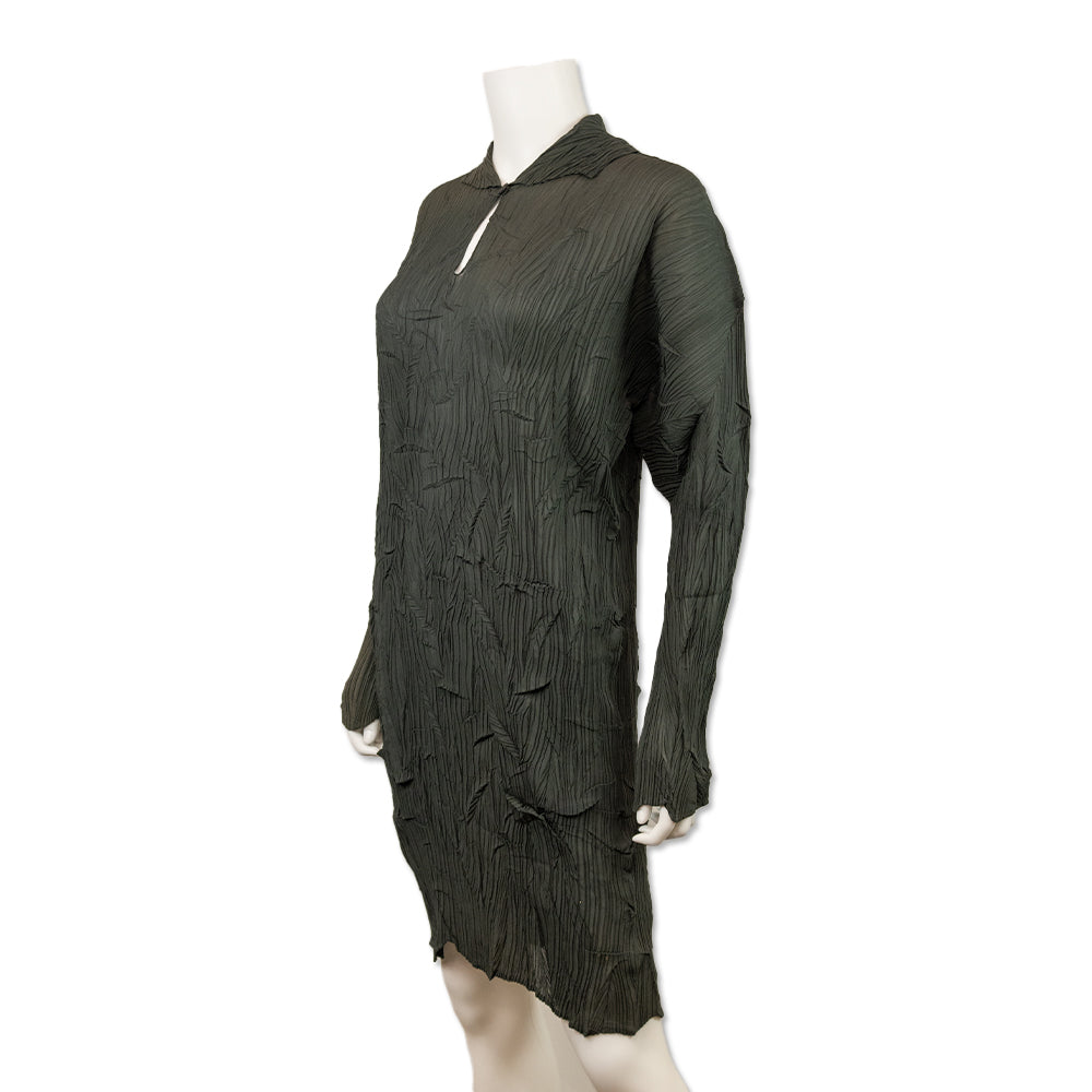 Issey Miyake Green Sheer Crinkle Pleated Long Sleeve Midi Dress