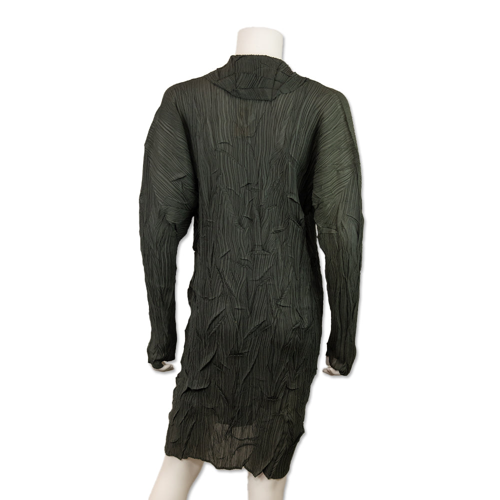 Issey Miyake Green Sheer Crinkle Pleated Long Sleeve Midi Dress