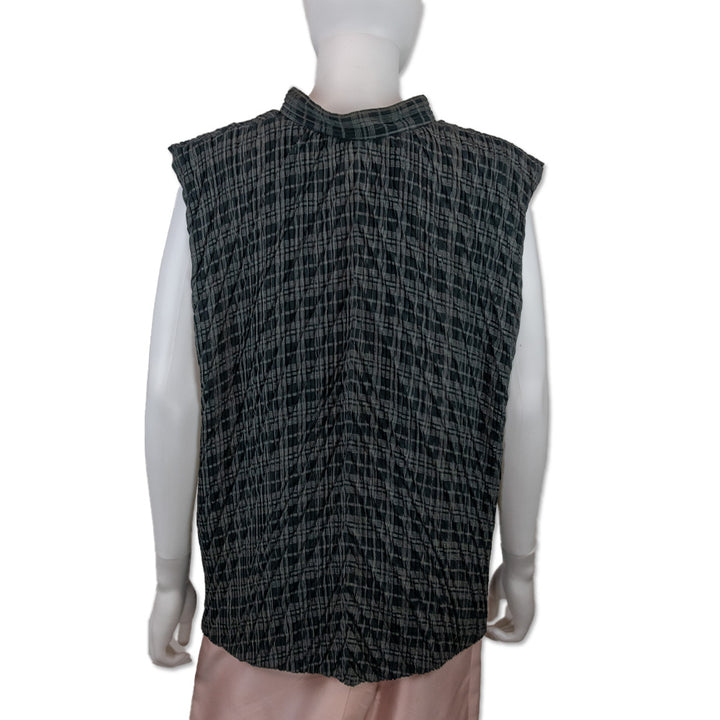 Issey Miyake Men Black Plaid Pleated Band Collar Vest