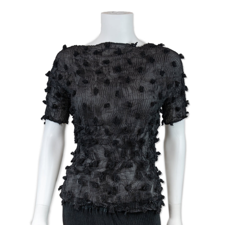 Issey Miyake Sheer Black Pleated Short Sleeve Top with Embroidery