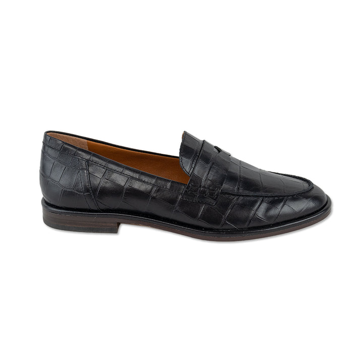 J.McLaughlin Black Concetta Croc-Embossed Leather Penny Loafers