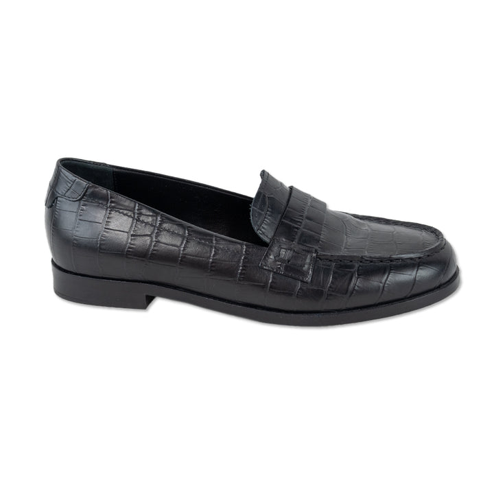 Jenni Kayne Black Croc Embossed Leather Penny Loafers