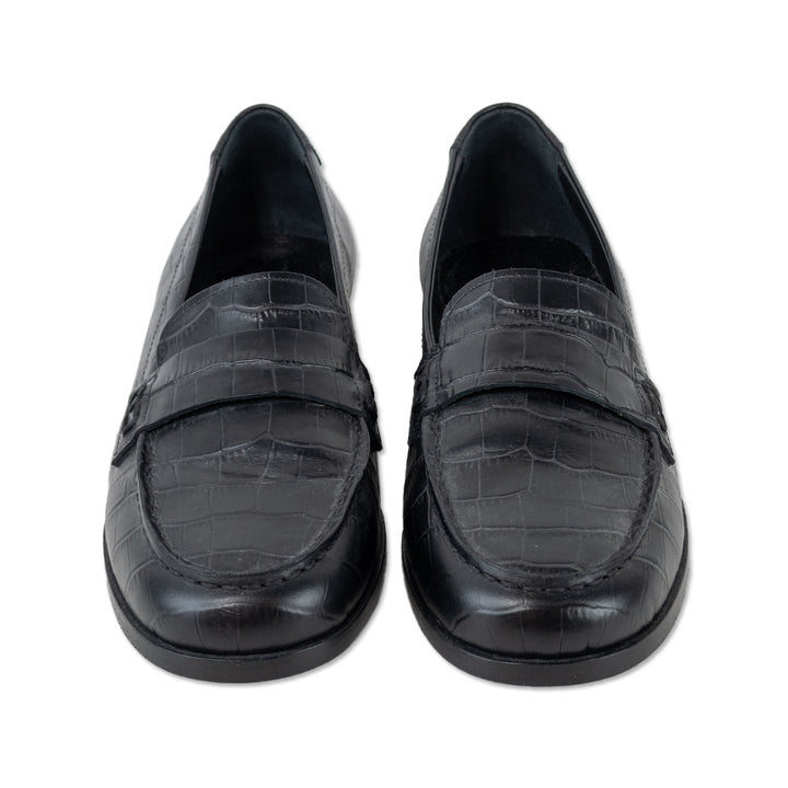 Jenni Kayne Black Croc Embossed Leather Penny Loafers