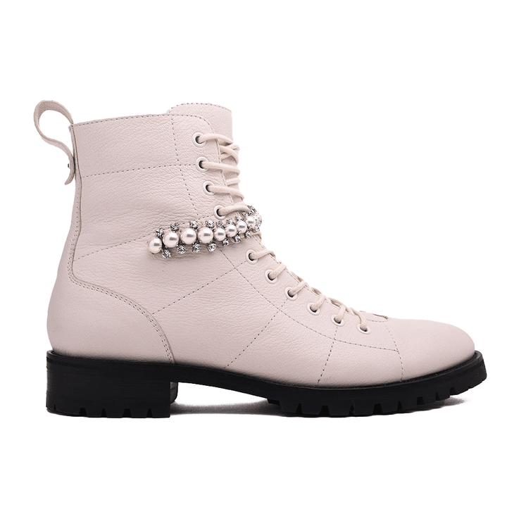 Jimmy Choo Cruz Crystal Embellished Cream Combat Boots