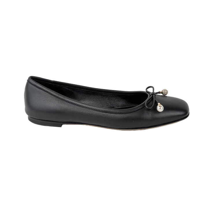 Jimmy Choo Black Leather Ballet Flats with Faux Pearls