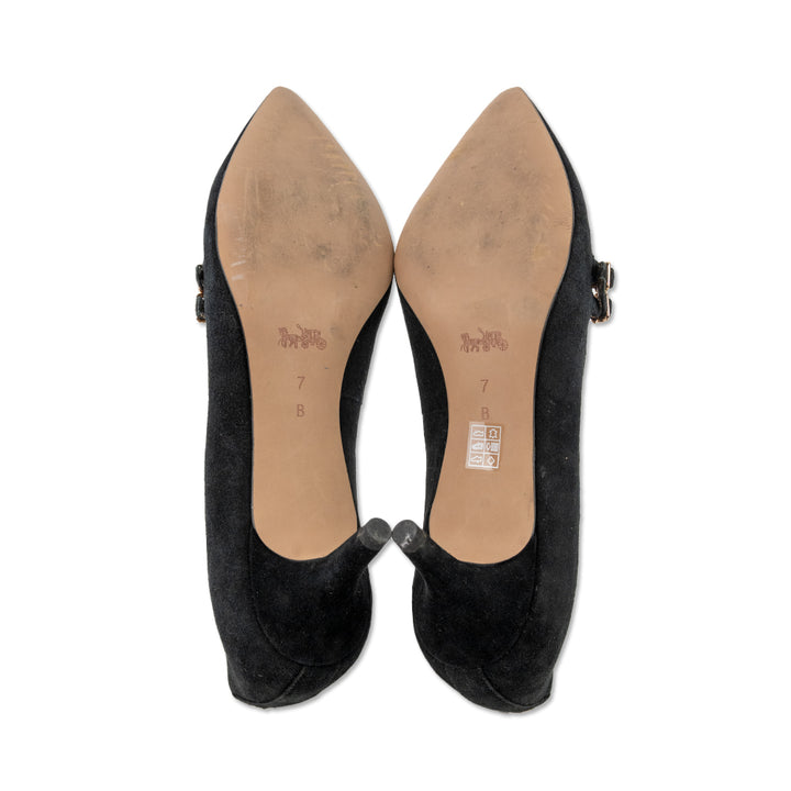 Coach Black Suede Pointed Toe Strappy Kitten Heels