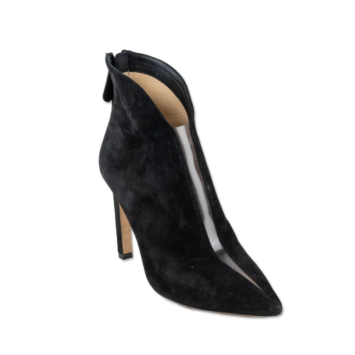 Jimmy Choo Black Suede Pointed Toe Ankle Booties with Clear Stripe