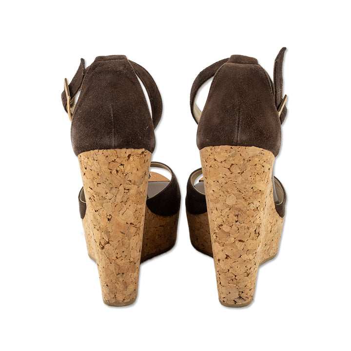 Jimmy Choo Brown Suede T- Strap Cork Wedge Sandals