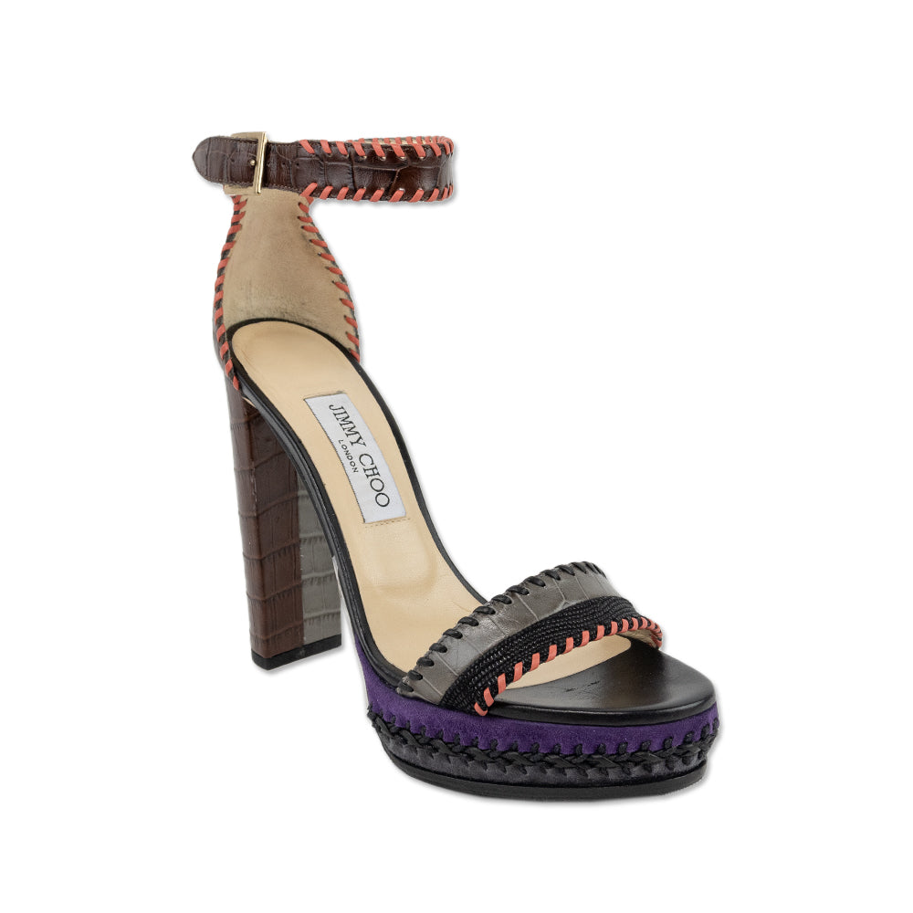 Jimmy Choo Color Block Leather and Suede Platform Heeled Sandals