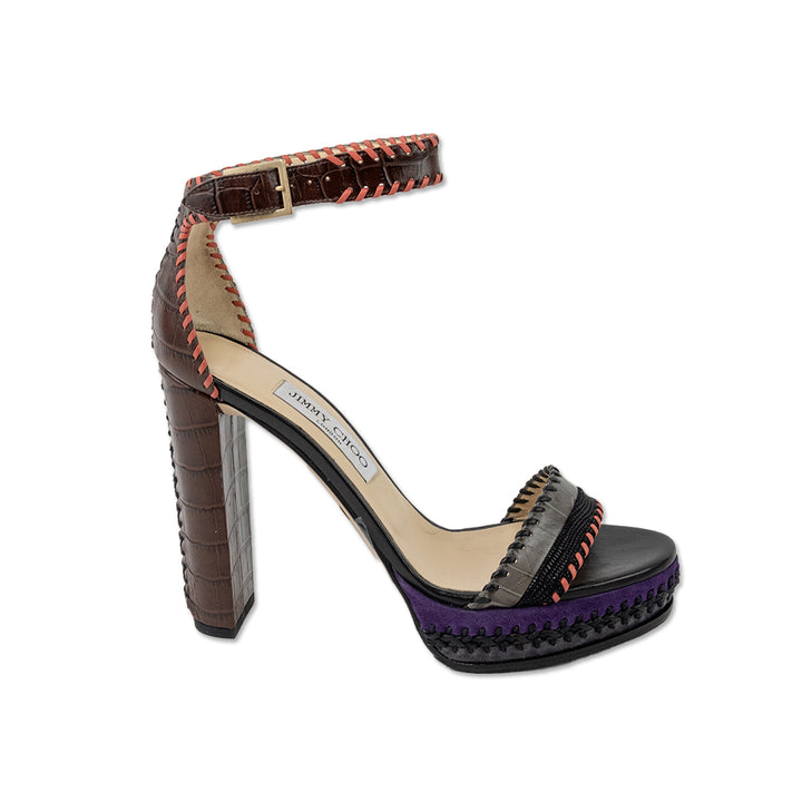 Jimmy Choo Color Block Leather and Suede Platform Heeled Sandals